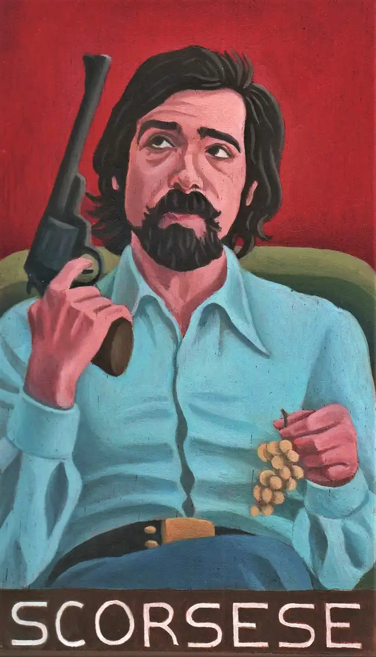 San. CI – Martin Scorsese, Olio su tavoletta di legno, 10 × 16,5 cm, Franco Biagioni