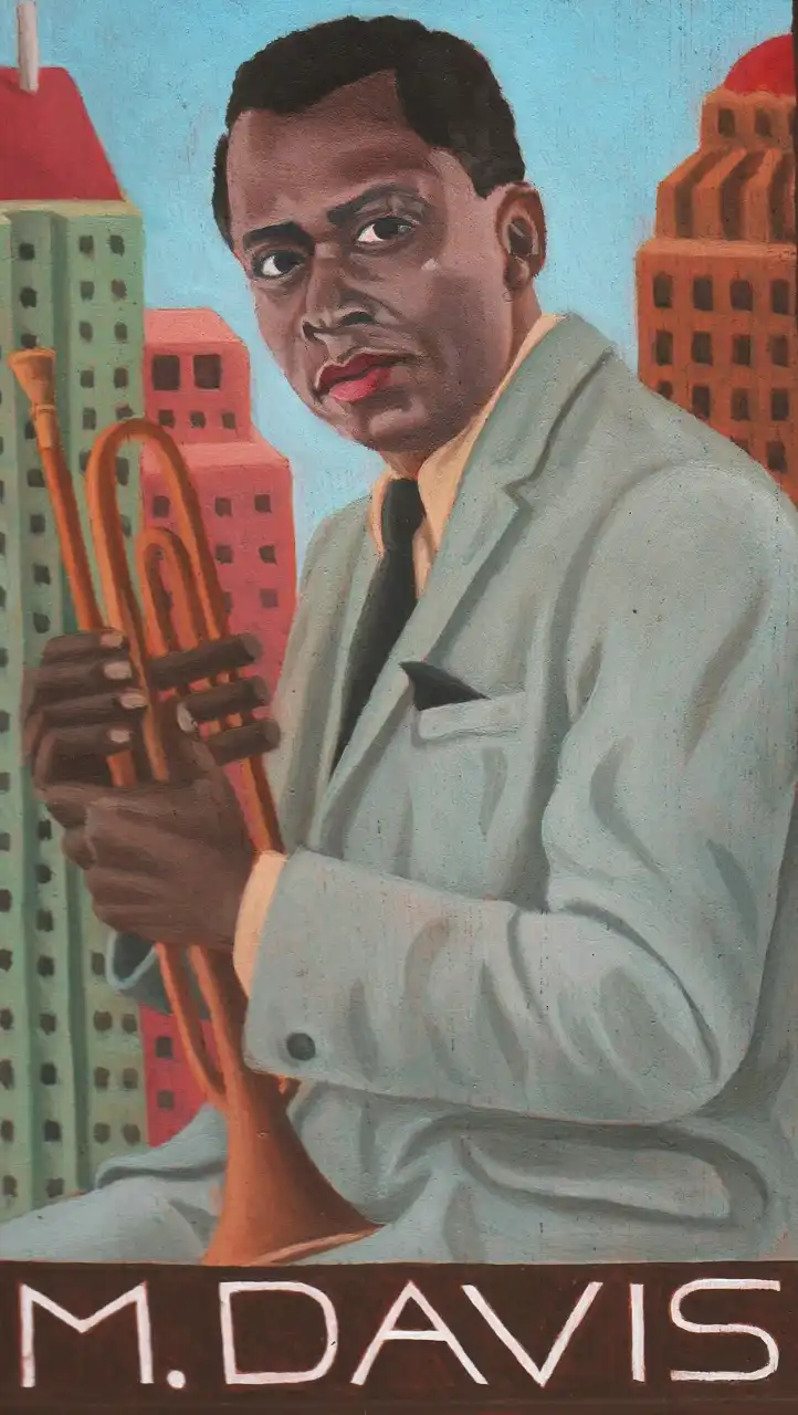 San. CIII – Miles Davis, Olio su tavoletta di legno, 9,5 × 16,5 cm, Franco Biagioni