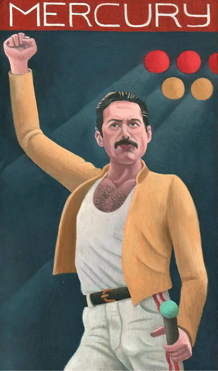 San. CVI – Freddie Mercury, Olio su tavoletta di legno, 11 × 18 cm, Franco Biagioni