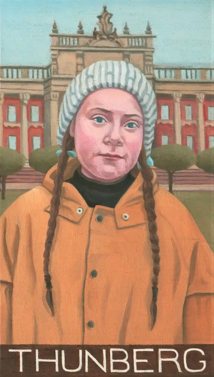 San. CXIII – Greta Thunberg, Olio su tavoletta di legno, 10,5 × 18 cm, Franco Biagioni