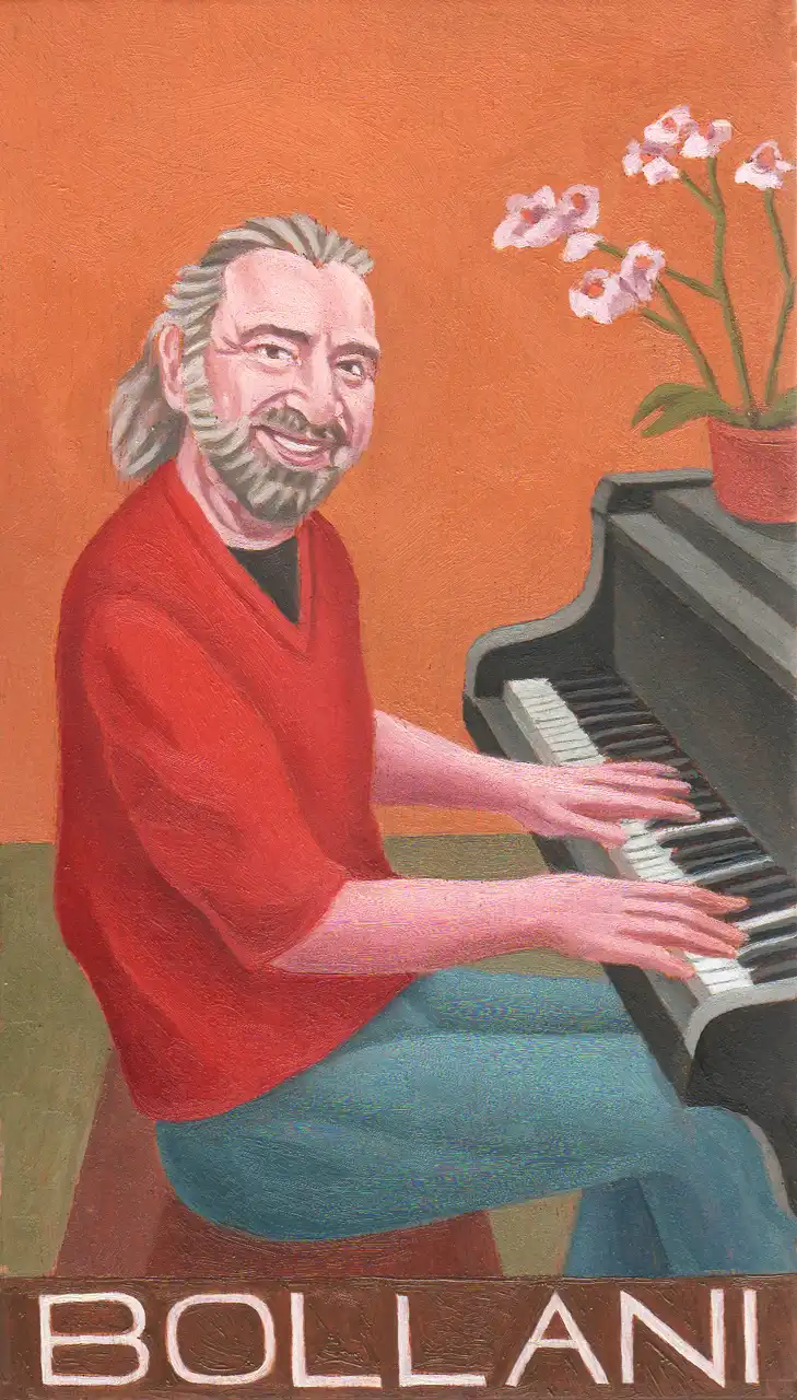 San. CXLIII – Stefano Bollani, Olio su tavoletta di legno, 10,5 × 17,5 cm, Franco Biagioni