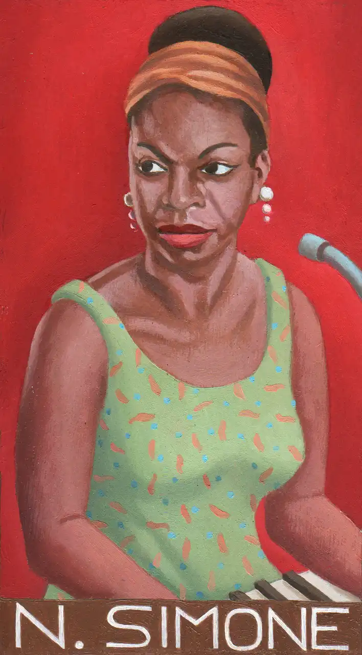 San. CXXVI – Nina Simone, Olio su tavoletta di legno, 10,5 × 18 cm, Franco Biagioni