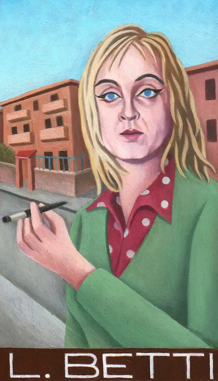 San. CXXVIII – Laura Betti, Olio su tavoletta di legno, 10,5 × 17,5 cm, Franco Biagioni