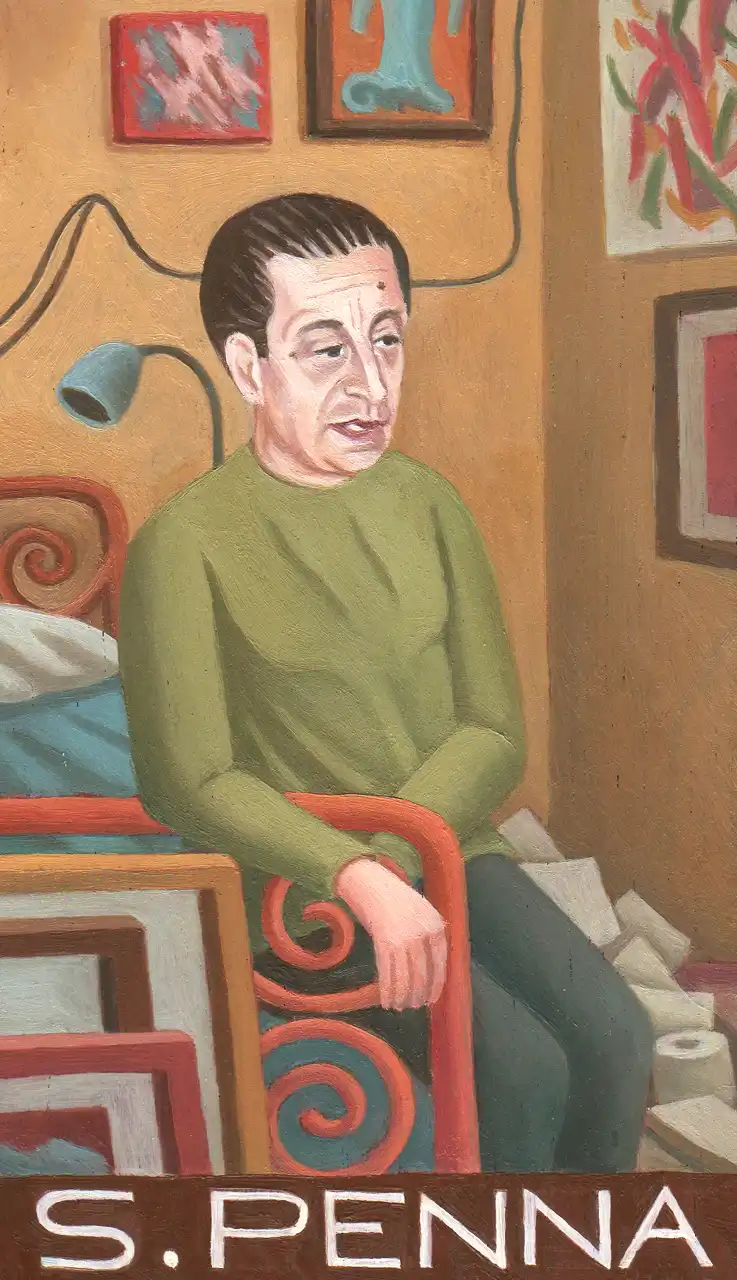 San. CXXX – Sandro Penna, Olio su tavoletta di legno, 10,5 × 17,5 cm, Franco Biagioni