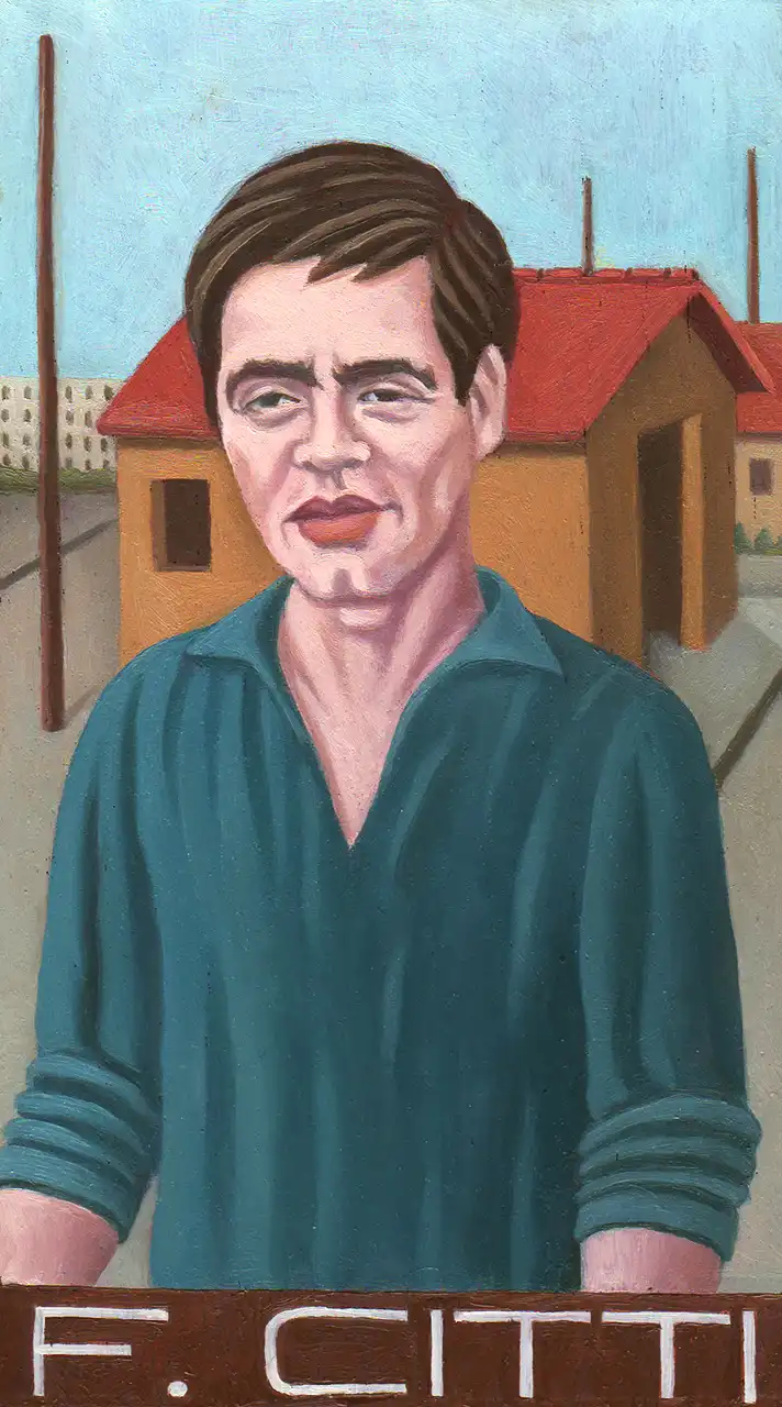 San. CXXXII – Franco Citti, Olio su tavoletta di legno, 10,5 × 17,5 cm, Franco Biagioni