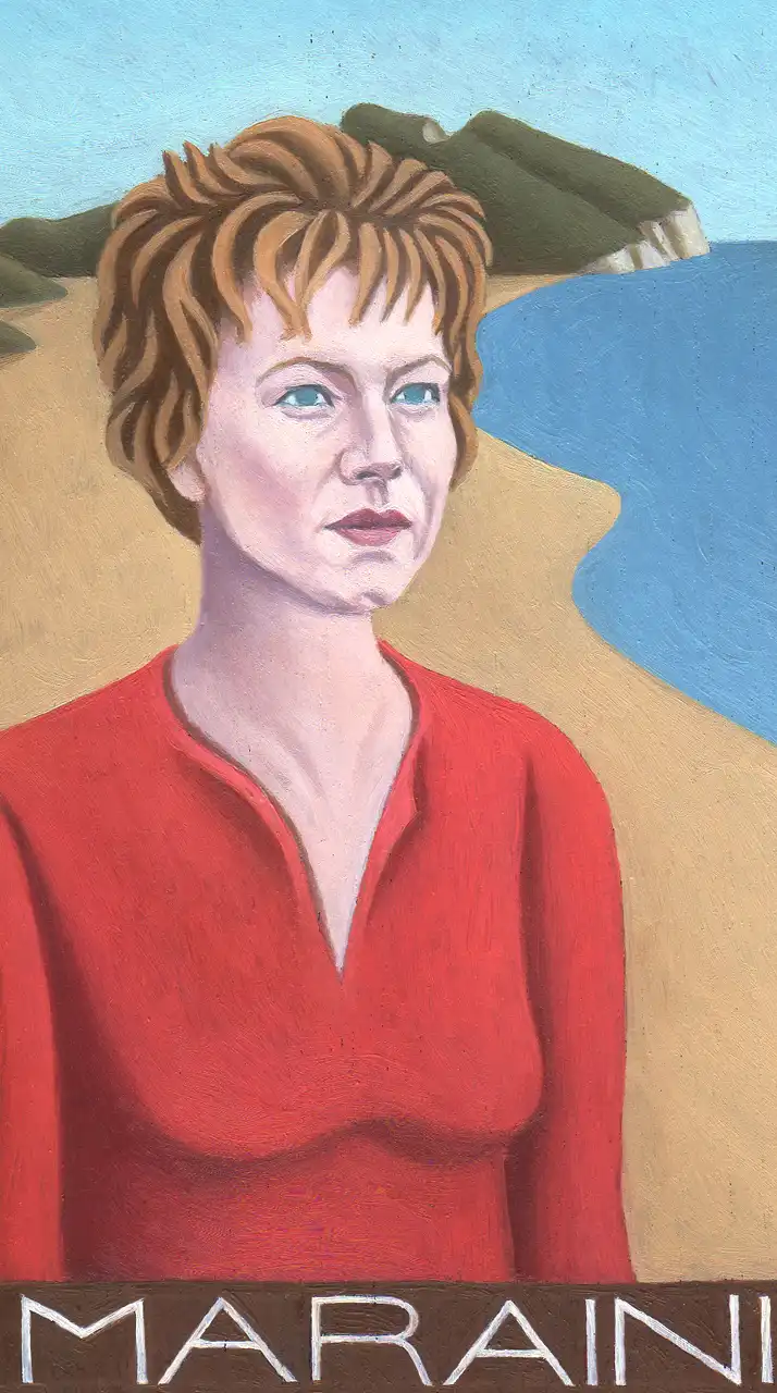 San. CXXXIV – Dacia Maraini, Olio su tavoletta di legno, 10 × 17 cm, Franco Biagioni