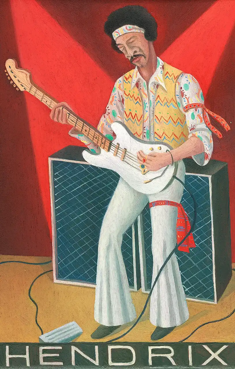 San. II – Jimi Hendrix, Olio su tavoletta di legno, 12 × 18,5 cm, Franco Biagioni