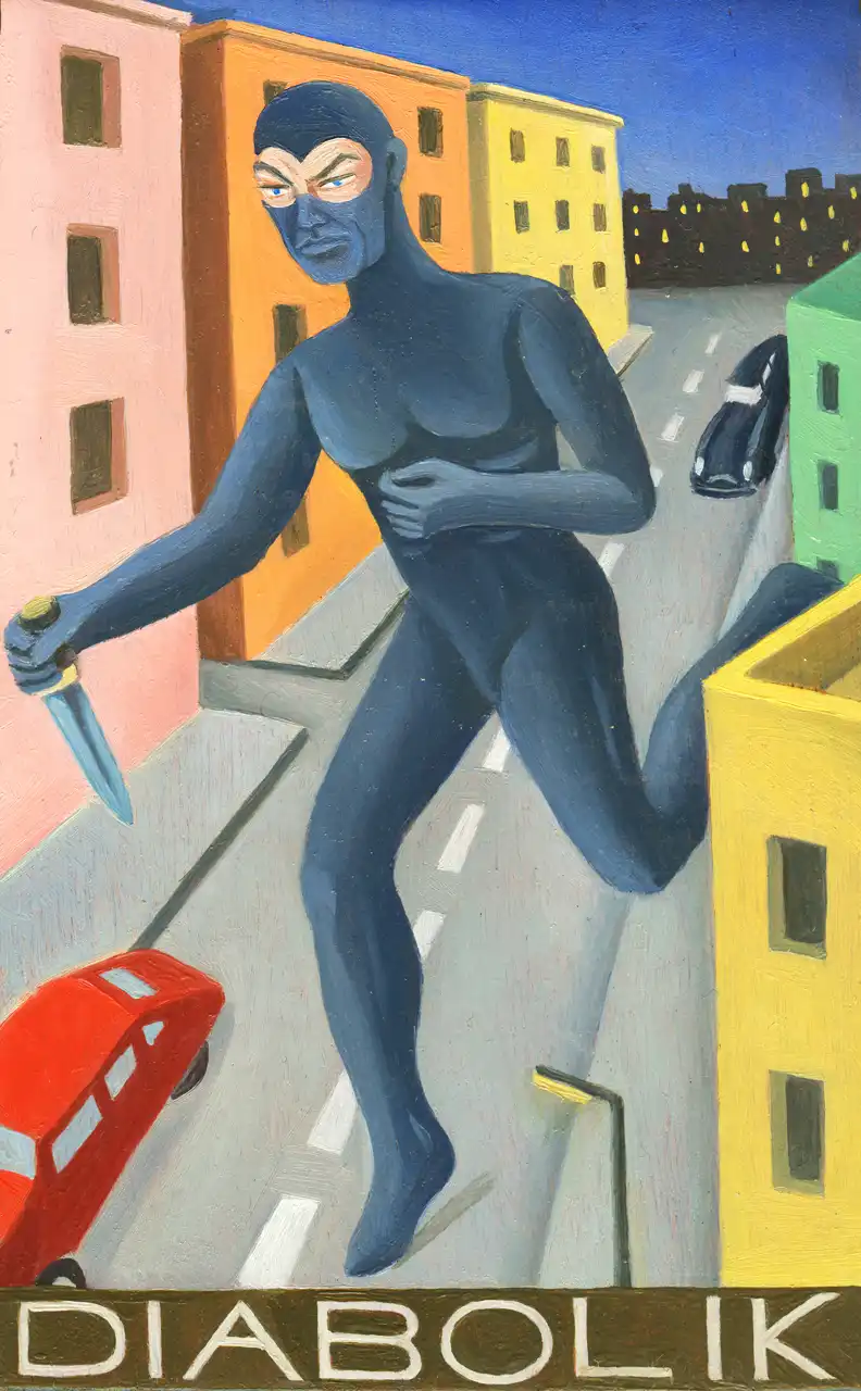San. L –  Diabolik, Olio su tavoletta di legno, 10,5 × 16,5 cm, Franco Biagioni