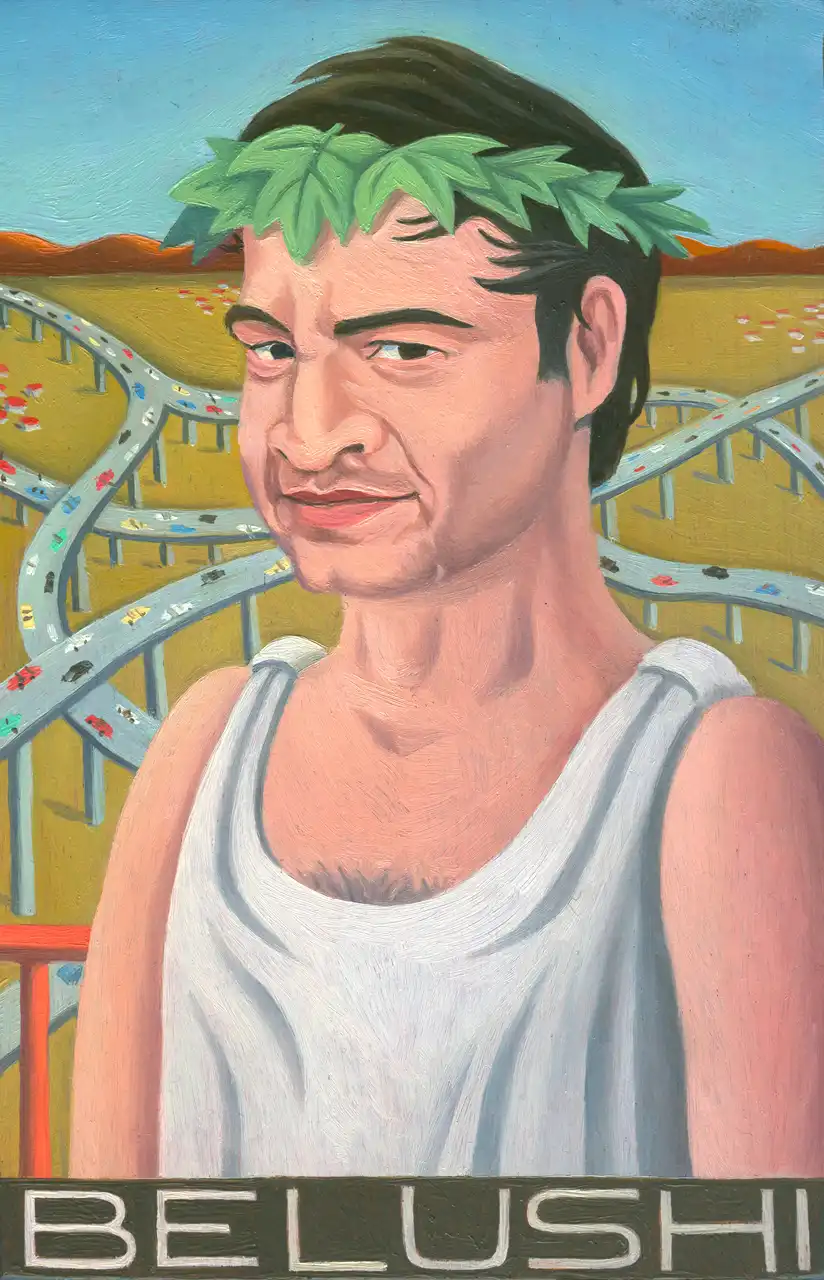 San. LVI – John Belushi, Olio su tavoletta di legno, 12 × 18 cm, Franco Biagioni