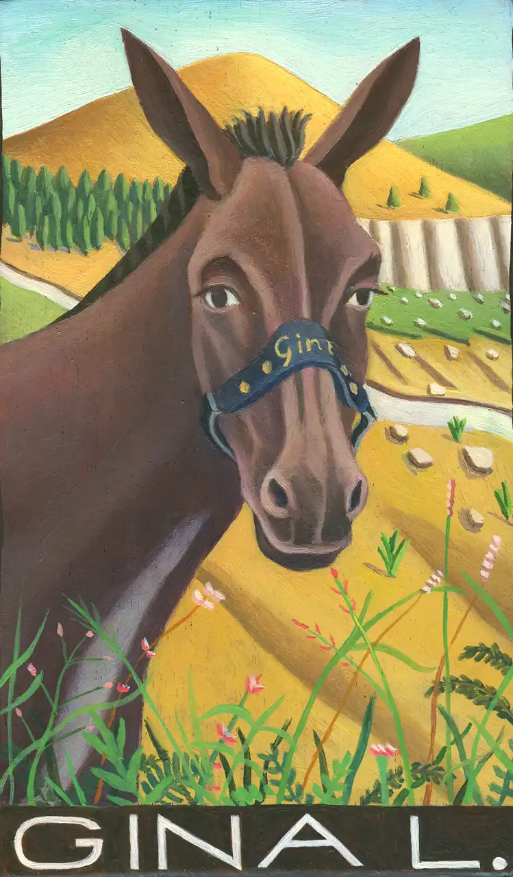 San. LXIV –  Gina la mula, Olio su tavoletta di legno, 10,5 × 17 cm, Franco Biagioni