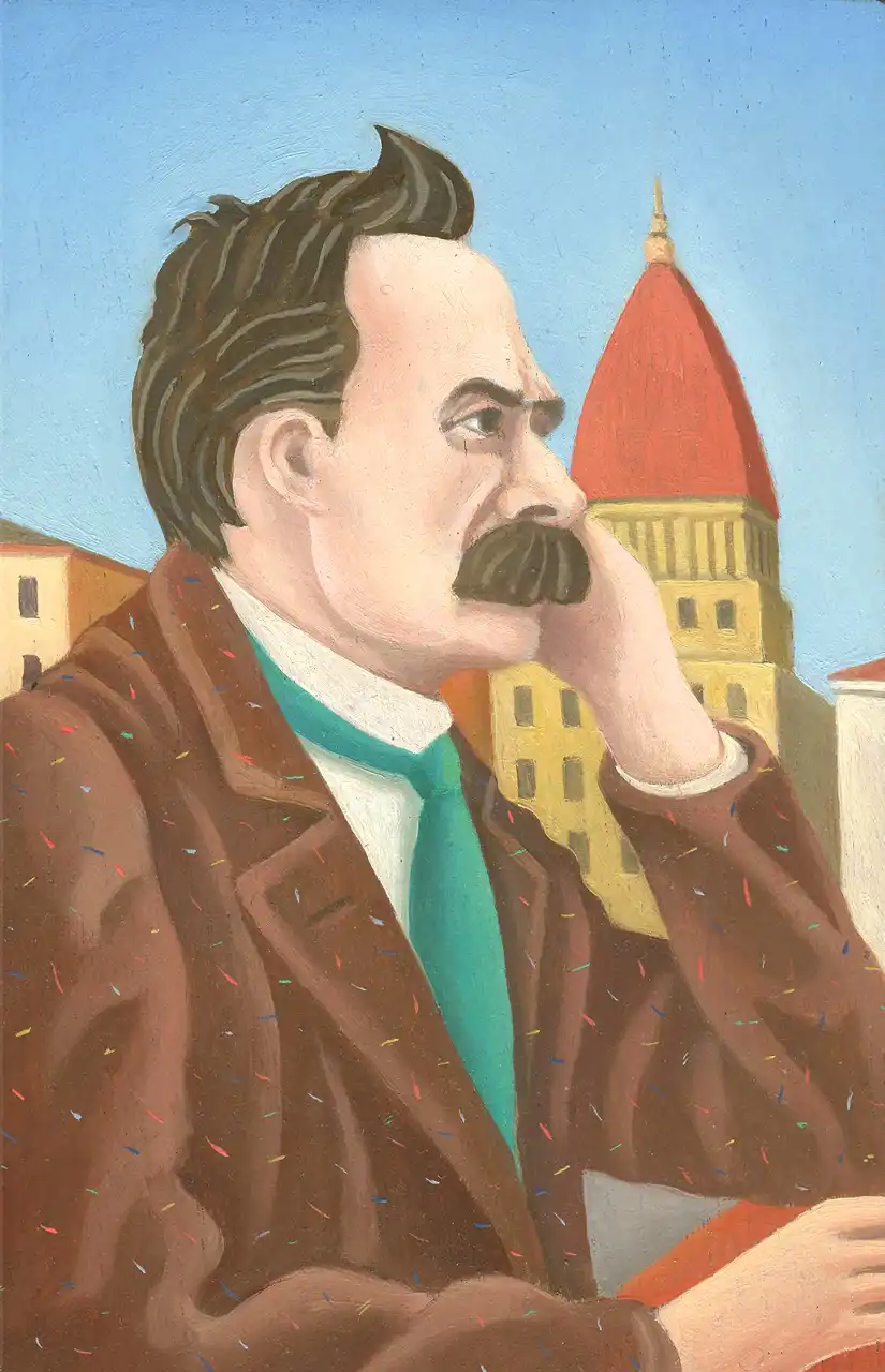 San. LXXVII – Friedrich Nietzsche, Olio su tavoletta di legno, 11 × 16,5 cm, Franco Biagioni