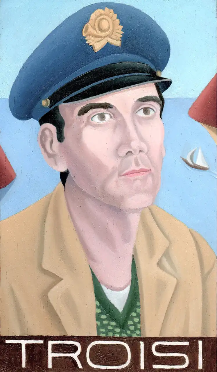 San. LXXXII – Massimo Troisi, Olio su tavoletta di legno, 10,5 × 17,5 cm, Franco Biagioni