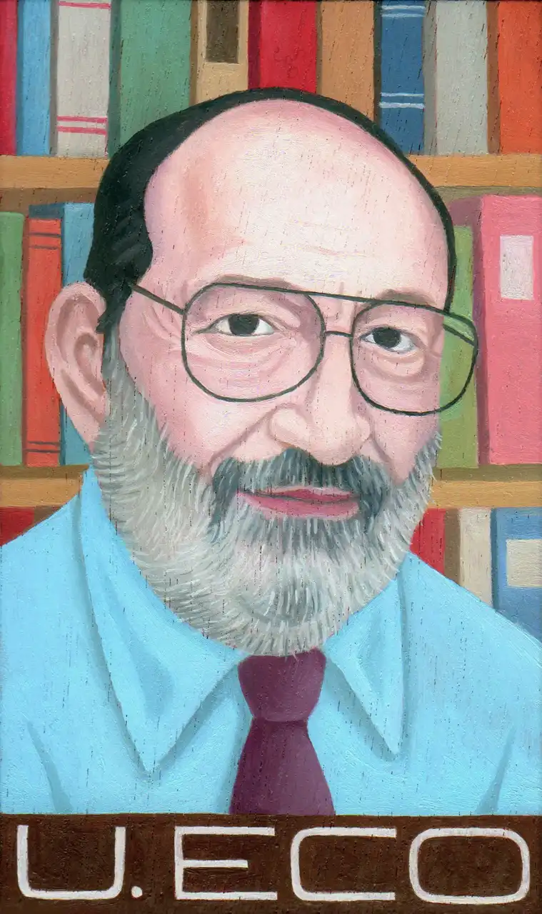 San. LXXXIII – Umberto Eco, Olio su tavoletta di legno, 10 × 16,5 cm, Franco Biagioni