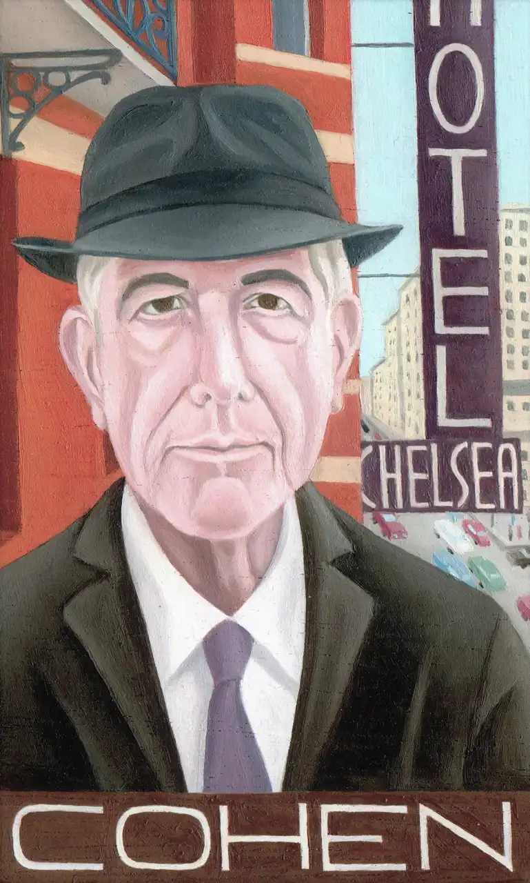 San. LXXXIV – Leonard Cohen, Olio su tavoletta di legno, 10 × 16 cm, Franco Biagioni