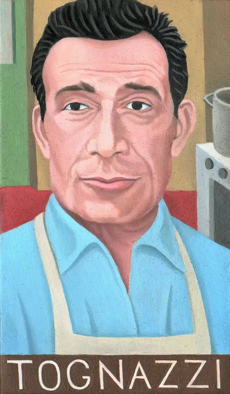 San. LXXXIX – Ugo Tognazzi, Olio su tavoletta di legno, 10 × 17 cm, Franco Biagioni