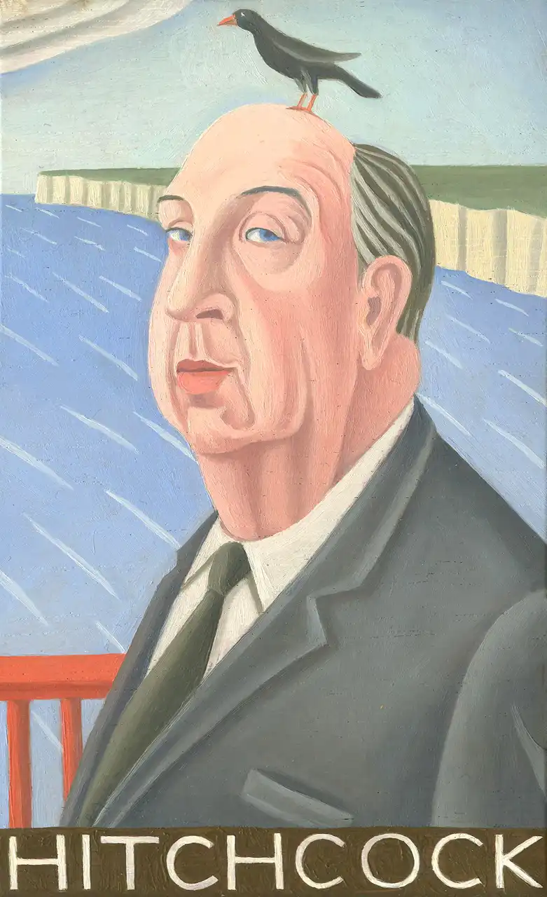 San. VII – Alfred Hitchcock, Olio su tavoletta di legno, 11 × 17,5 cm, Franco Biagioni