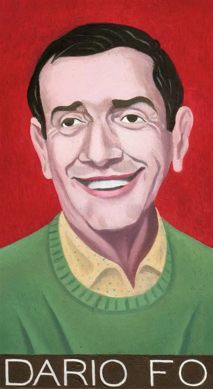 San. XCIV – Dario Fo, Olio su tavoletta di legno, 10 × 17,5 cm, Franco Biagioni