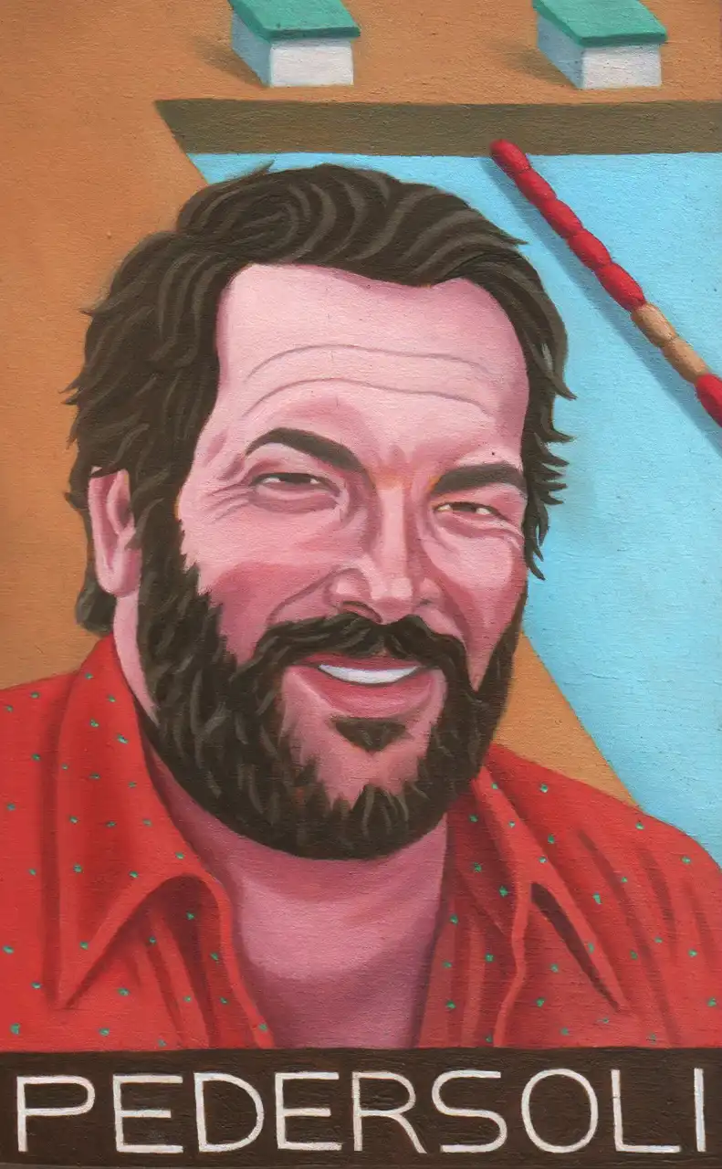 San. XCVIII – Carlo Pedersoli, in arte Bud Spencer, Olio su tavoletta di legno, 11 × 17,5 cm, Franco Biagioni