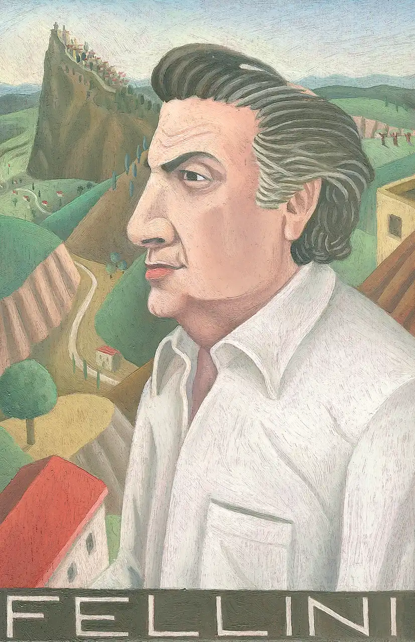 San. XIV – Federico Fellini, Olio su tavoletta di legno, 12 × 18 cm, Franco Biagioni