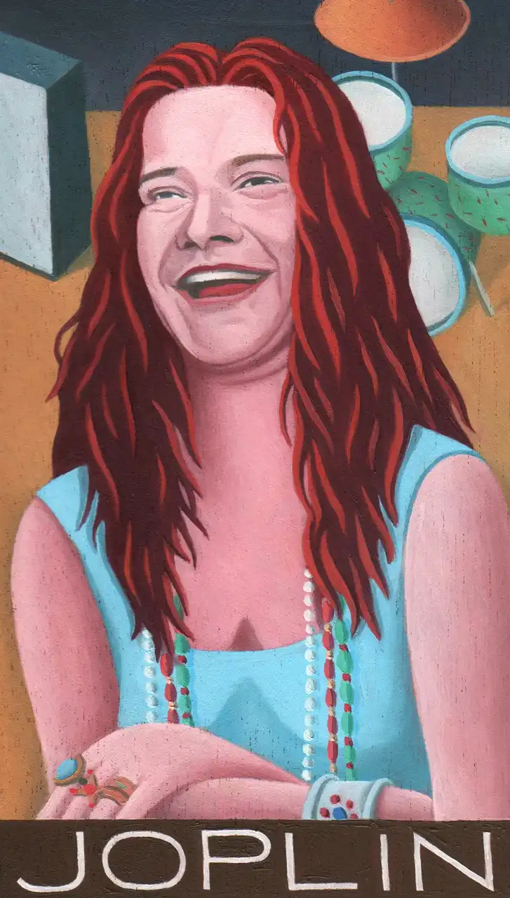 San. XL – Janis Joplin, Olio su tavoletta di legno, 10,5 × 18 cm, Franco Biagioni