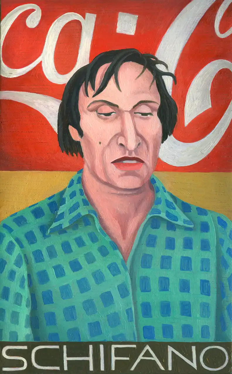 San. XLVII – Mario Schifano, Olio su tavoletta di legno, 11 × 17 cm, Franco Biagioni