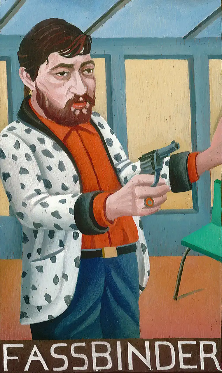 San. XXXII – Rainer W. Fassbinder, Olio su tavoletta di legno, 10,5 × 17,5 cm, Franco Biagioni