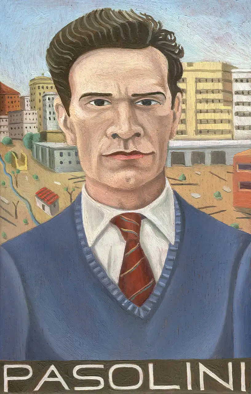 San. XXXV – Pier Paolo Pasolini, Olio su tavoletta di legno, 11 × 16,5 cm, Franco Biagioni