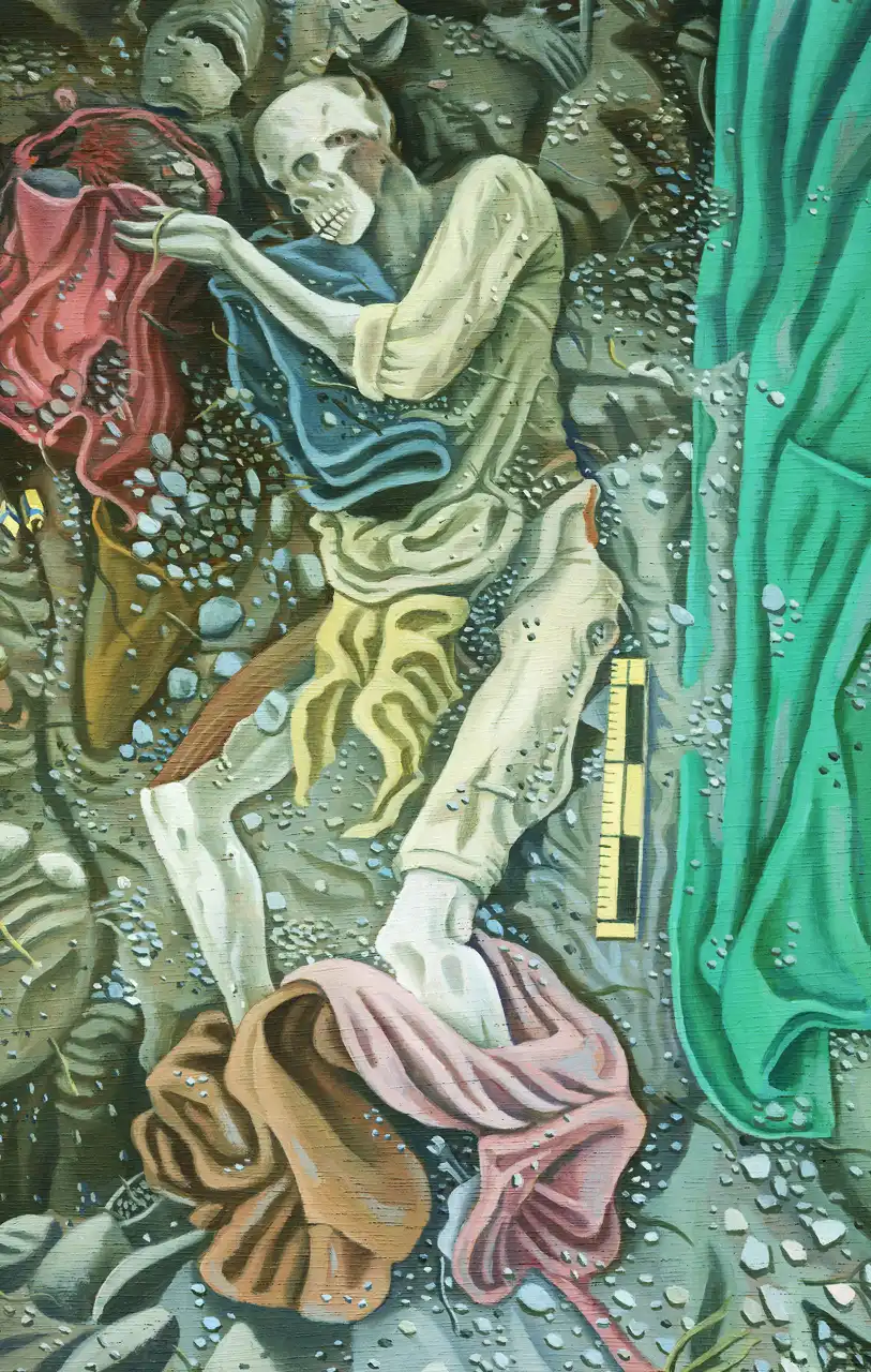 Tav. CV – Fosse Comuni, Olio su tavoletta di legno, 19,5 × 30,5 cm, Franco Biagioni