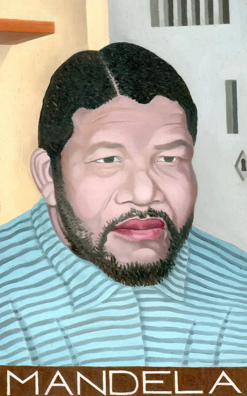 Tav. CXVIII – Nelson Rolihlahla Mandela, Olio su tavoletta di legno, 14 × 21,5 cm, Franco Biagioni