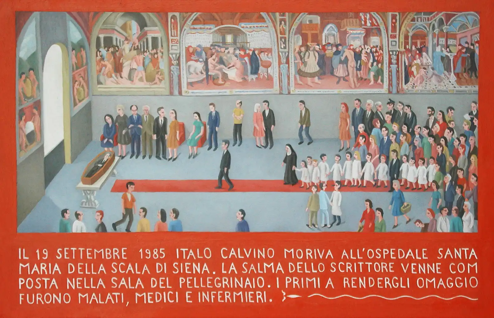 Tav. CXXIII – La morte di Italo Calvino, Olio su tavoletta di legno, 33 × 21,5 cm, Franco Biagioni