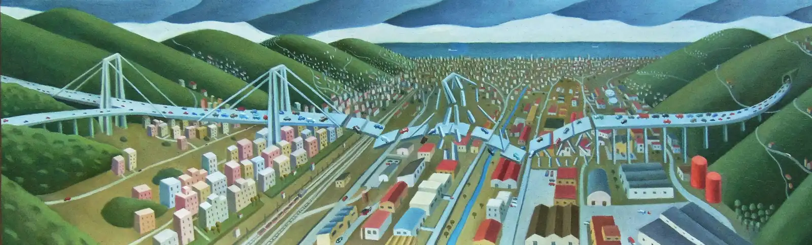 Tav. CXXIX – Il ponte Morandi, Olio su tavoletta di legno, 35 × 11 cm, Franco Biagioni