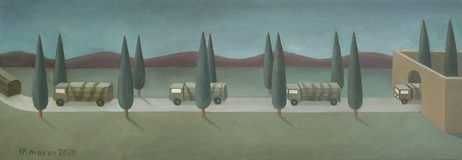 Tav. CXXXVI – Bergamo, 18 marzo 2020, Olio su tavoletta di legno, 32 × 12 cm, Franco Biagioni