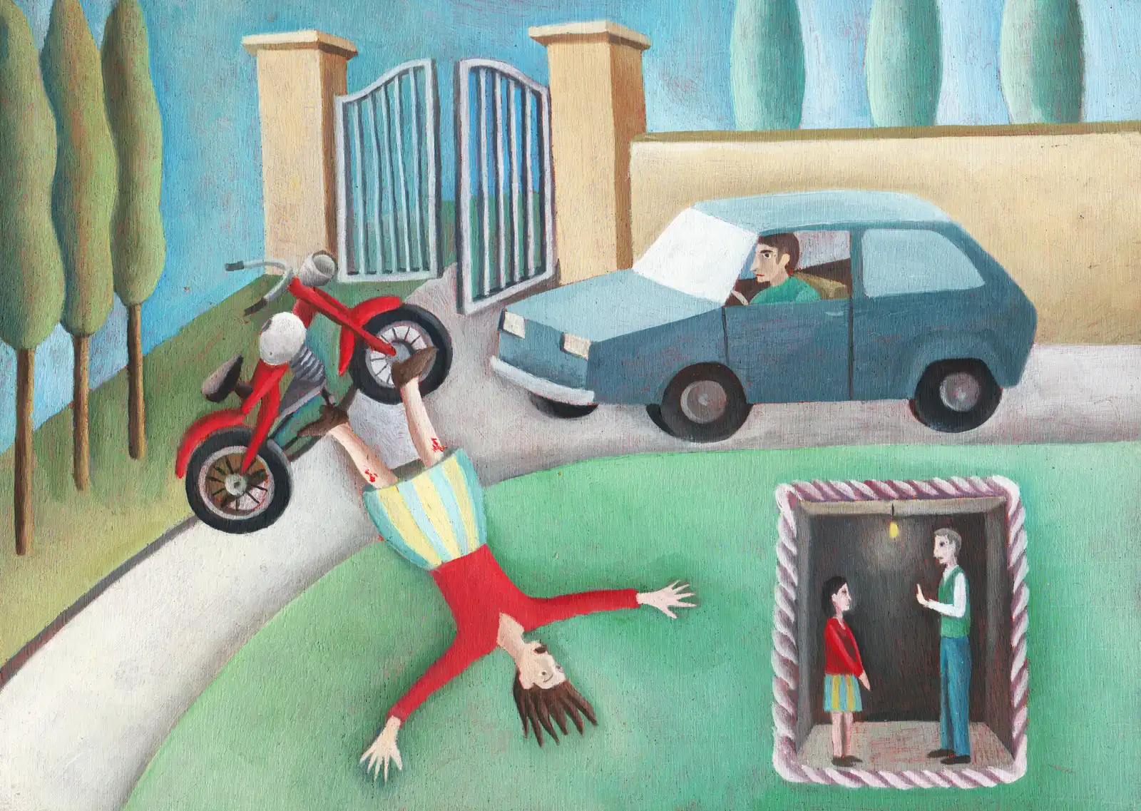 Tav. II – L’incidente in motorino, Olio su tavoletta di legno, 29 × 21 cm, Franco Biagioni