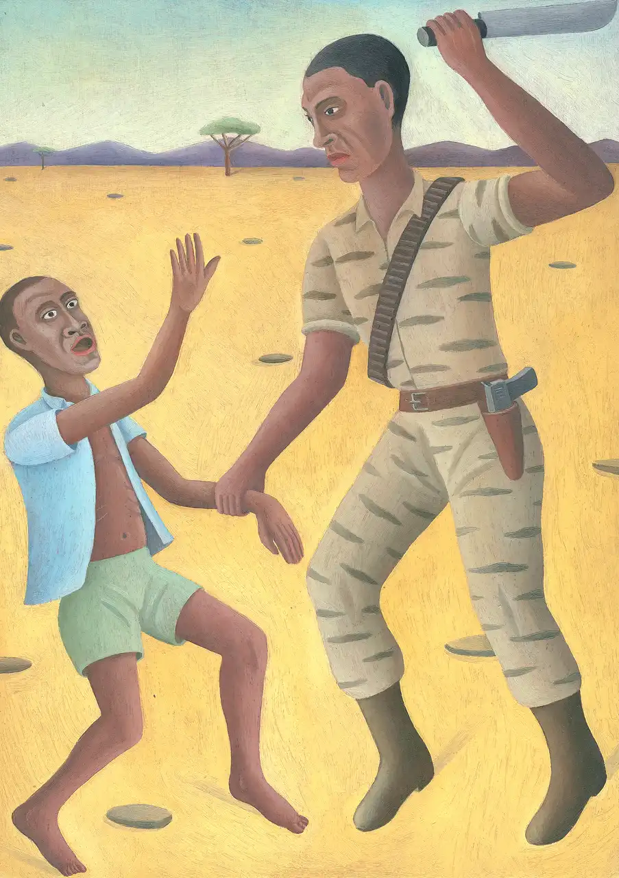 Tav. LIX – Il Massacro dei Tutsi, Olio su tavoletta di legno, 21 × 29 cm, Franco Biagioni