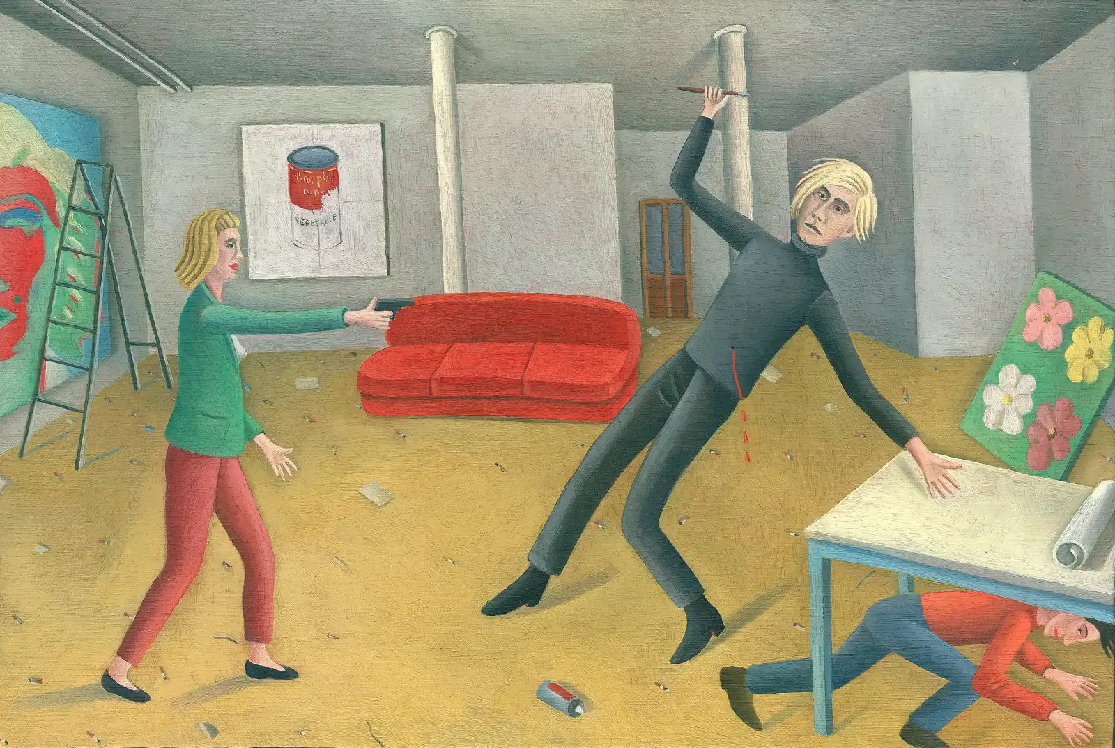 Tav. LV – Il ferimento di Andy Wahrol, Olio su tavoletta di legno, 32 × 22 cm, Franco Biagioni