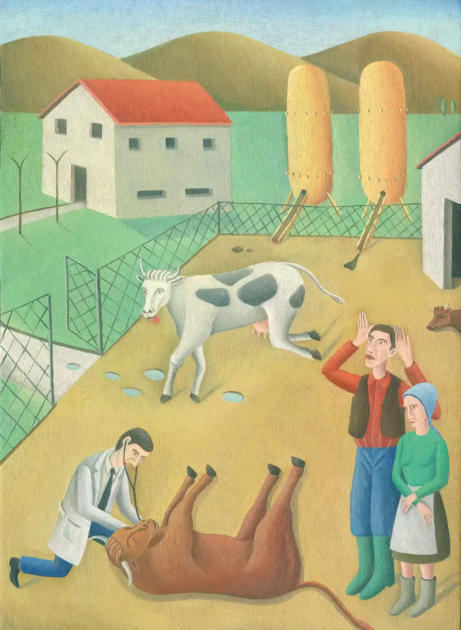 Tav. LVI – Mucca Pazza, Olio su tavoletta di legno, 21,5 × 29 cm, Franco Biagioni