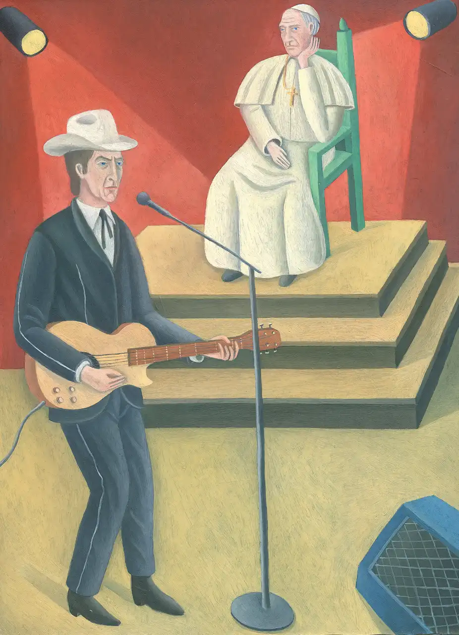 Tav. LXIV – Il Papa e Bob Dylan, Olio su tavoletta di legno, 22,5 × 30,5 cm, Franco Biagioni
