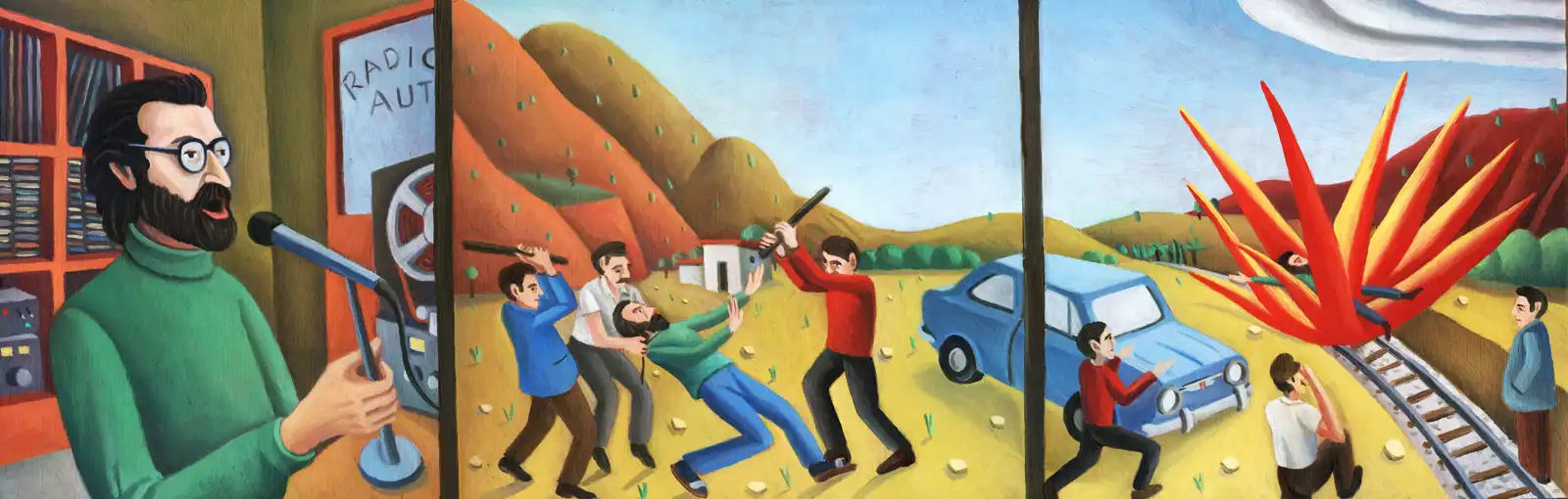 Tav. LXXVI – Peppino Impastato, Olio su tavoletta di legno, 39 × 13 cm, Franco Biagioni