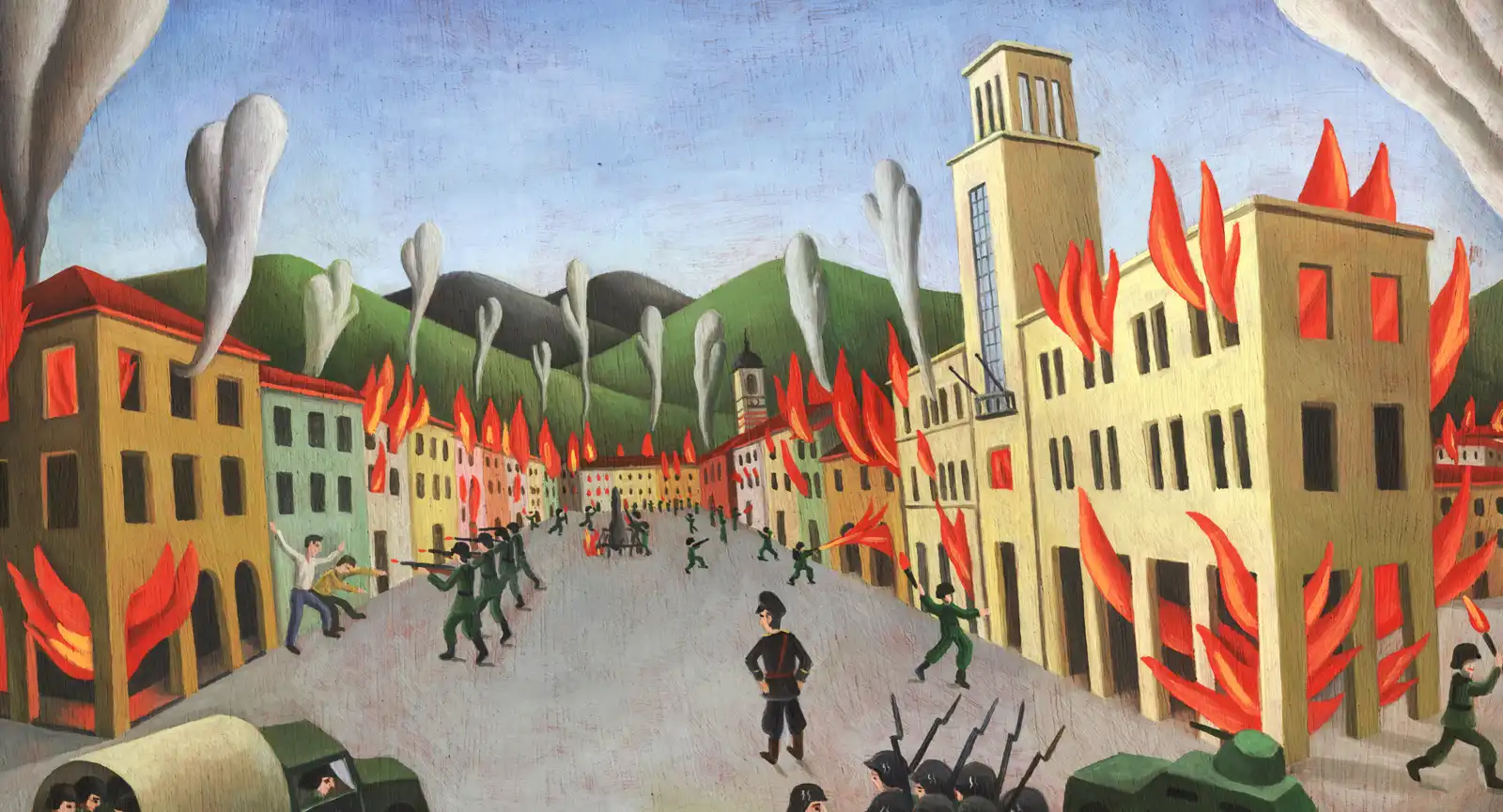 Tav. LXXXV – L’incendio di Boves, Olio su tavoletta di legno, 34,5 × 19 cm, Franco Biagioni