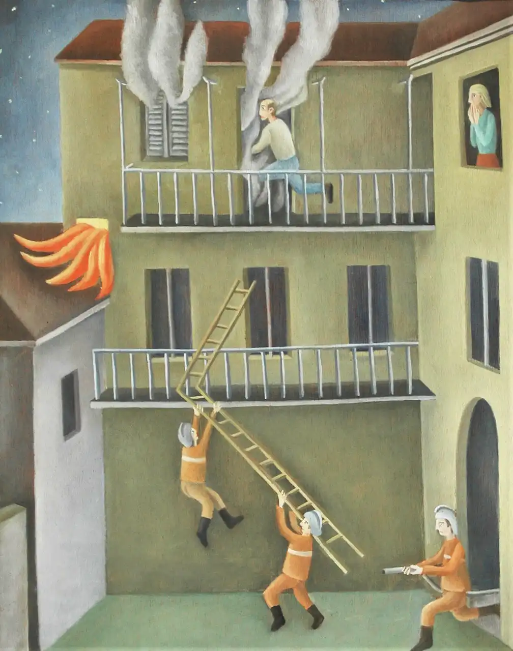 Tav. VII – L’incendio, Olio su tavoletta di legno, 12,5 × 16 cm, Franco Biagioni