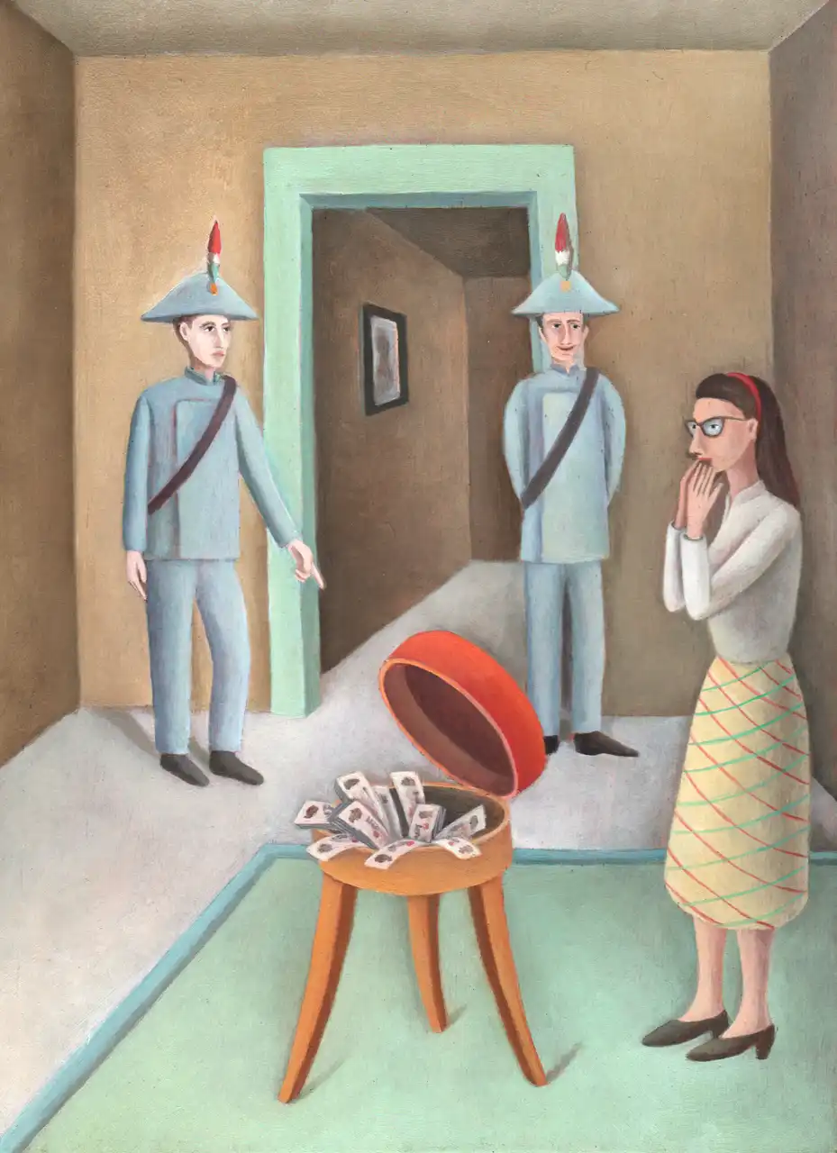 Tav. VIII – La corruzione, Olio su tavoletta di legno, 22 × 29,5 cm, Franco Biagioni