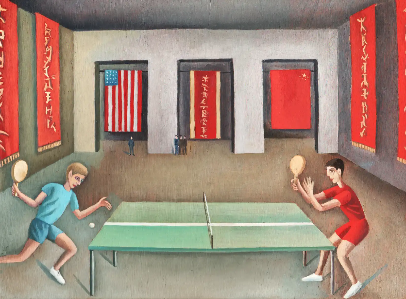 Tav. X – La partita Usa-Cina, Olio su tavoletta di legno, 29 × 21,5 cm, Franco Biagioni