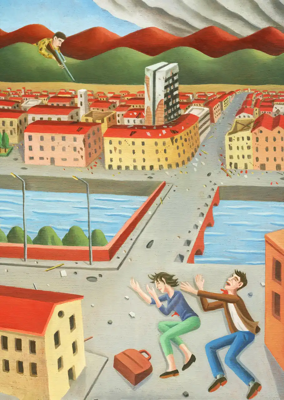 Tav. XCVII – Sarajevo 1993, Olio su tavoletta di legno, 21,5 × 30 cm, Franco Biagioni