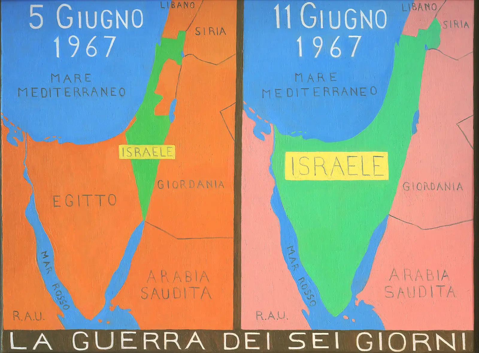 Tav. XCVIII – La guerra dei 6 giorni, Olio su tavoletta di legno, 30 × 22,5 cm, Franco Biagioni