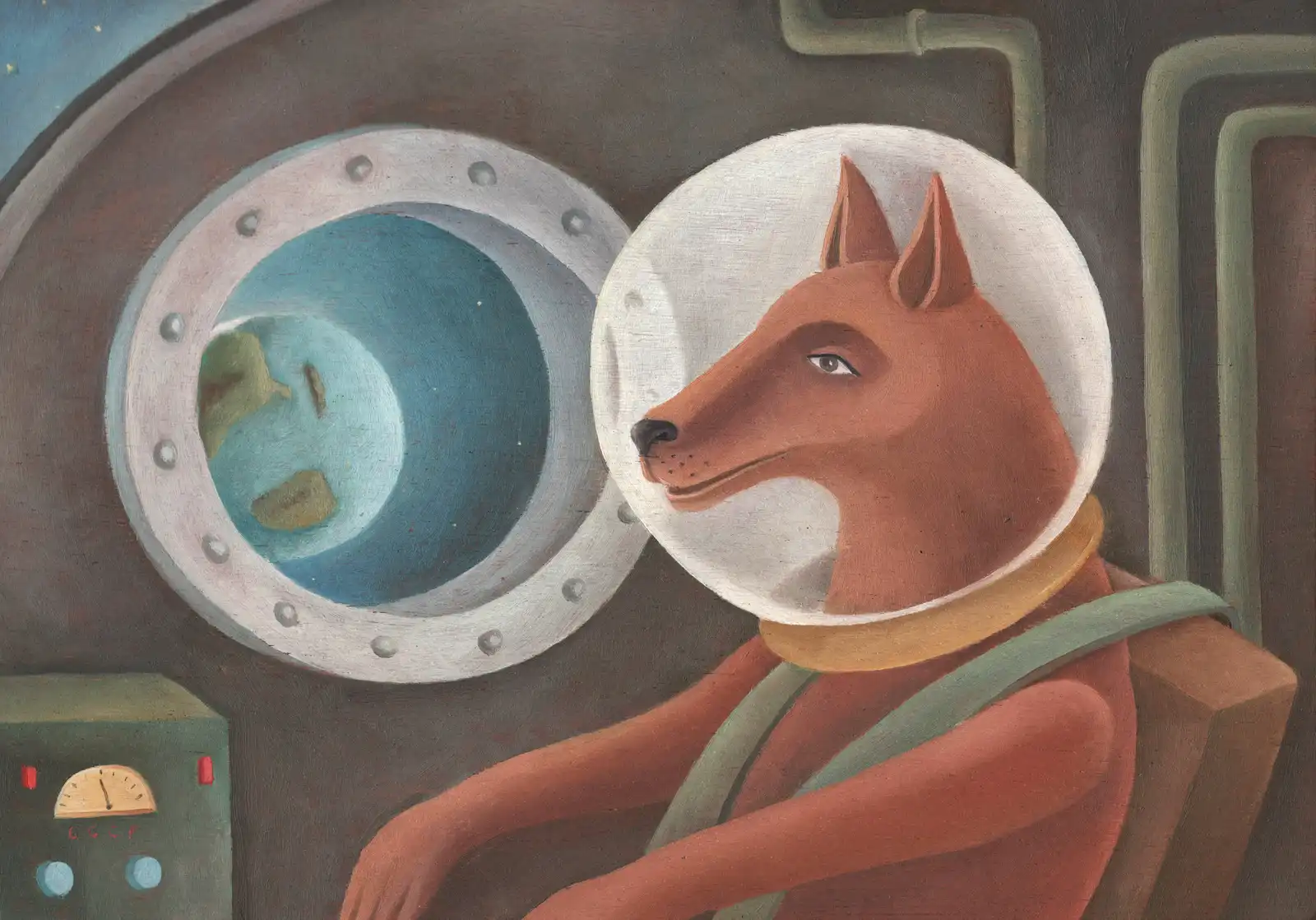 Tav. XI – Laika nello spazio, Olio su tavoletta di legno, 28,5 × 20 cm, Franco Biagioni