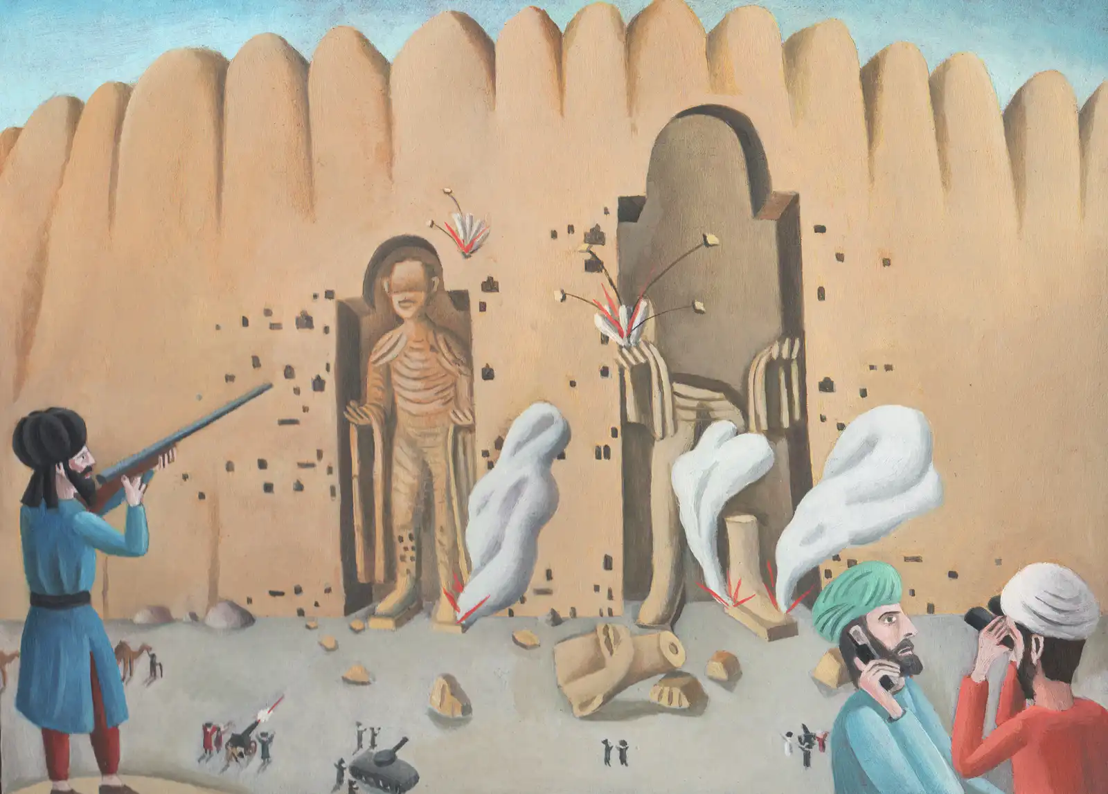 Tav. XII – I Buddha di Bamyan, Olio su tavoletta di legno, 29 × 21 cm, Franco Biagioni
