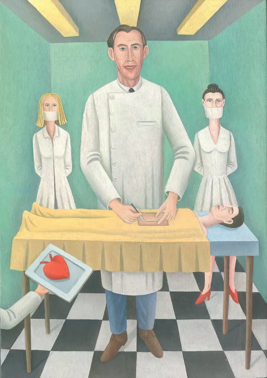 Tav. XLIV – Trapianto di cuore, Olio su tavoletta di legno, 22,5 × 31 cm, Franco Biagioni