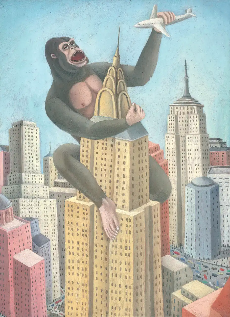 Tav. XXIV – King Kong a N. Y., Olio su tavoletta di legno, 21 × 28,5 cm, Franco Biagioni
