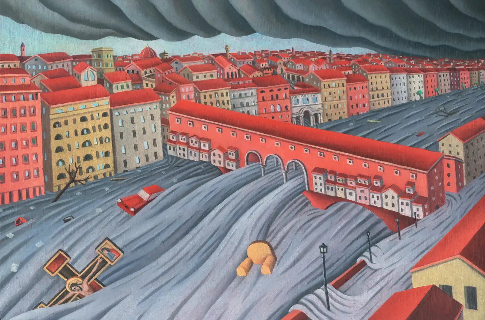 Tav. XXXIV – L’alluvione di Firenze, Olio su tavoletta di legno, 34 × 22,5 cm, Franco Biagioni